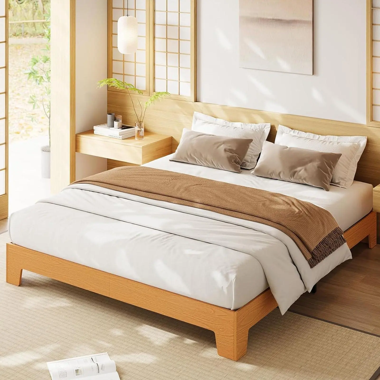 Pine Full Bed Frame, Wooden Platform Bed Frame, Minimalist Bed with Wood Slats Support, Underbed Space for Storage, No Box Spring Required, Noise-Free, Easy Assembly