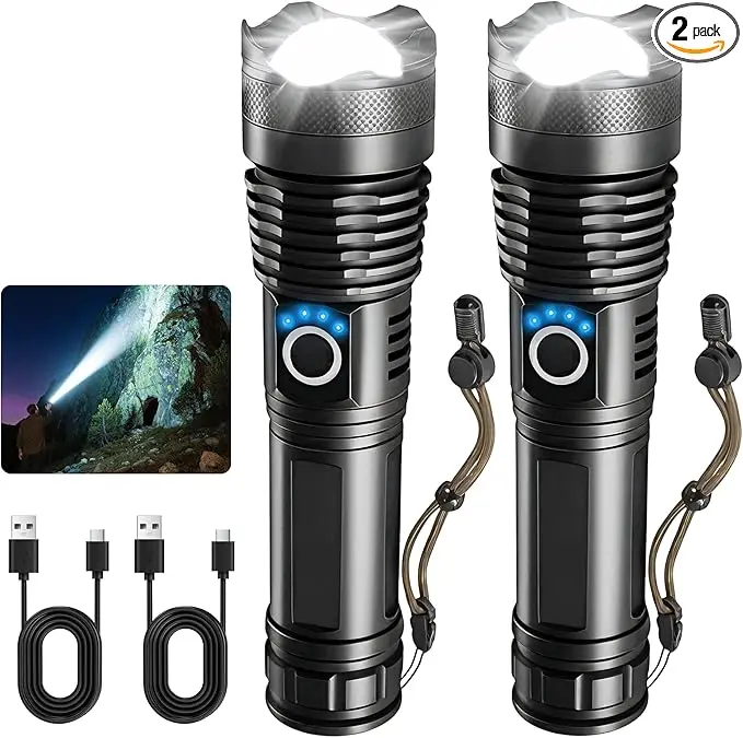 2 Pack 5000 High Lumen Rechargeable LED Flashlights, Zoomable Bright COB Handheld Flashlight, Waterproof Battery Powered Torch for Home Camping Outdoor Emergencies