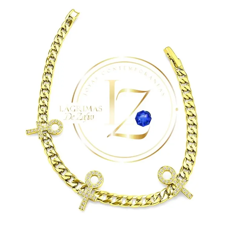 Miami Cuban link chain bracelet with ankh cross pendants featuring clear zircon 7.5 inch