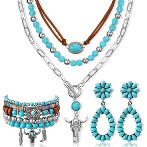 3 Pcs Rustic Western Jewelry for Women Cowgirl Jewelry Set Turquoise Necklace Earrings Cuff Bangle Bohemian Bracelet for Women