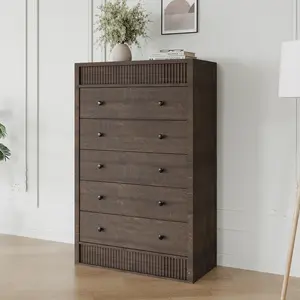 5 Drawer Tall Dresser for Bedroom, 31.5" Wide Fluted Chest of Drawers, Modern Wood Storage Cabinet for Kids Room, Hallway & Living Room, Walnut
