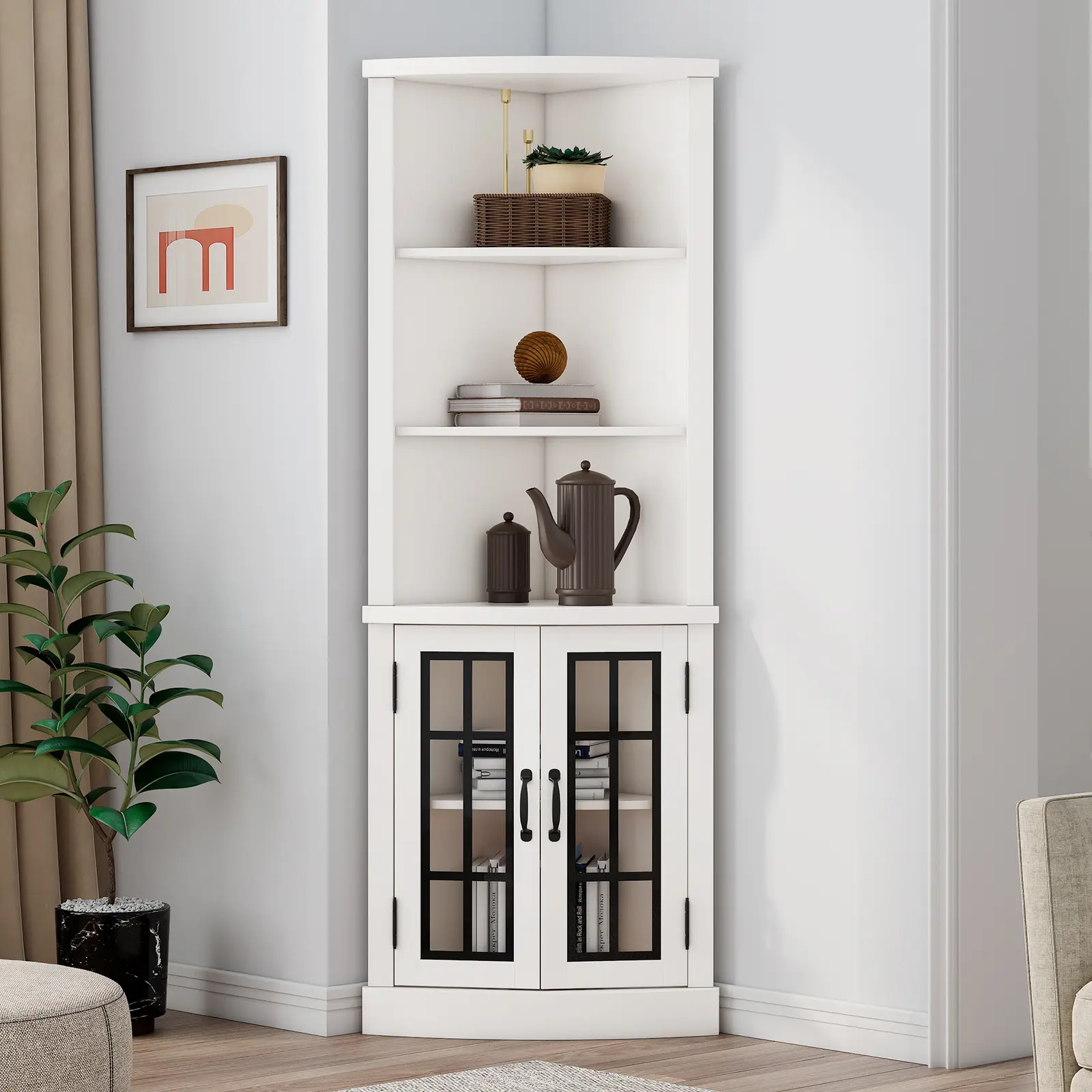 VanAcc Curved Corner Storage Cabinet, 65" Tall Freestanding Bookcase with Glass Doors & Adjustable Shelves, 5-Tier Corner Display Cabinet