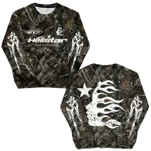 H3llstar Men's Camo & Letter Print Round Neck Sweatshirt T-shirt Hoodie, Loose Casual Long Sleeve Crew Neck Pullover For Fall & Winter