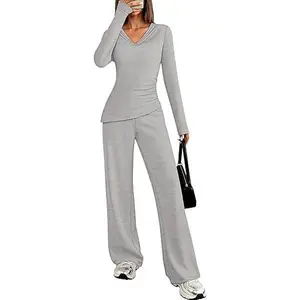 ZESICA Womens Cowl V Neck Lounge Sets Fall Long Sleeve Asymmetrical Top Wide Leg Pants 2 Piece Matching Set 2026 Outfit