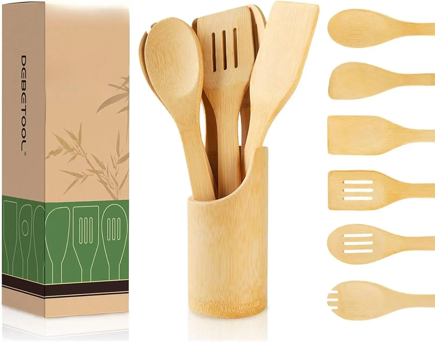 7-Piece Durable Natural Bamboo Cooking Utensil Set with Handles - Non-Stick Wooden Spoons, Spatula, Turner, Utensil Holder, Hand Wash Safe for Daily Kitchen Use, Cooking Utensil Holder