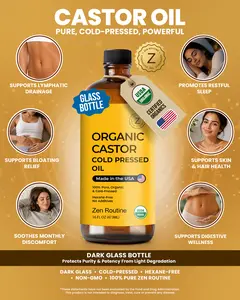 Zen Routine USDA Certified Organic Castor Oil 16oz Glass Bottle | Supports Gut Wellness, Bloating Comfort & Lymphatic Health - Cold Pressed Unrefined, Hexane Free - Made in USA