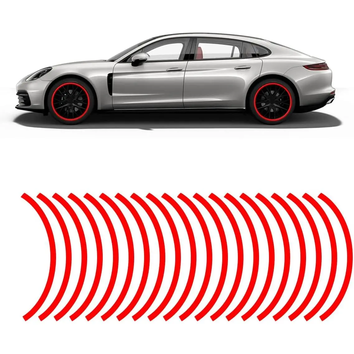 16PCS Self-Adhesive Easy-Remove Curved Stripes Reflective Wheel Decals - 17-19" Rim, Waterproof, UV Resistant, Long-Lasting Light Reflection Night Safety Stickers, Automotive Exterior Accessories for Cars