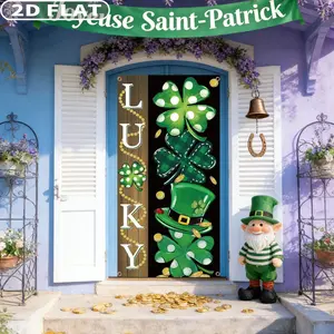 2D FLAT 1pc St Patricks Day Party Photo Booth Props Decor, Party Decoration Supplies, 35.43x70.87 Inch Polyester Irish Shamrock Door Cover St Patricks Day Front Porch Welcome Sign St Patricks Day Decor for Home Party, Gift