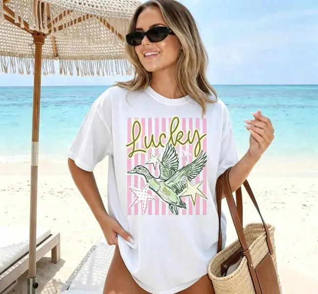 Lucky Mallard Duck Pink Stripes Preppy Shirt, Retro Star Duck Graphic Casual Tee, St Patrick’s Day Lucky Oversized T-Shirt, Coastal Beach Vacation Women’s Top, Country Hunting Aesthetic Tee