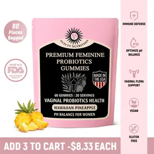 Auvity Nutrition Premium Feminine Probiotics Gummies for Women's Health & Wellness Immune Support Vegan Gluten-free Halal Hawaiian Pineapple Flavor 60 Gummies