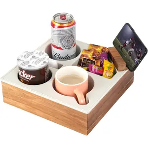 Couch Cup Holder Tray,  Soft Silicone Acacia Wooden Couch Caddy for Bed Car Seat Beach Organizer, Waterproof Anti-Spill Sofa Cup Holder for Snacks Beverage Remote (White) Coasters Tableware