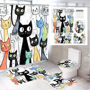 1/4pcs Cheerful Kitty Cat-Themed Bathroom Accessory Set, Colorful Cartoon Cats Shower Curtain Sets, Large & Small Matching Bath Mats, Toilet Lid Cover - Perfect for Spring, Easter, Daily Cute Home Decor, Vibrant & Playful for Pet Lovers