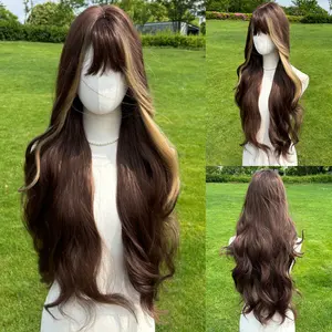 SMILCO/32Inch Highlight Brown With Blonde Long Curly With Bangs Synthetic Wig/SM451