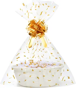 Small Woven Gift Basket Set with Cut Paper Shred Filler, Pull Bow & Cellophane Bag, 12x8x5 Inch Durable Cotton Rope Storage Basket for Easter, Baby Shower, Birthday, Holidays