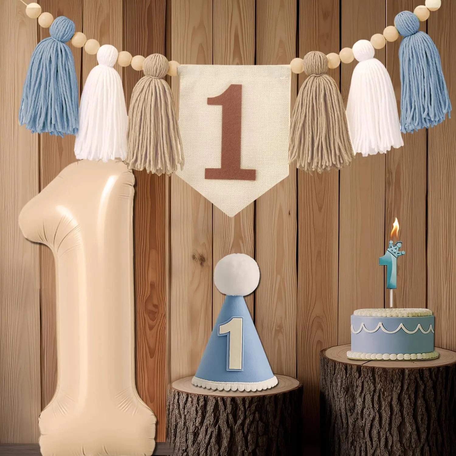 1st Birthday Decorations for First Boys With Highchair Banner, Blue Cone Hat, 40‘’ Number 1 Balloon and 1 Birthday Candle Photo Backdrop (Khaki and Blue)