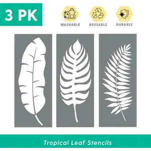 3 Designs Large Tropical Leaf Stencils, Strong Reusable 14.5” x 5.85” Painting Templates for Floor Wall Tile Furniture Fabric Wood, Perfect for DIY Crafts, Made in America
