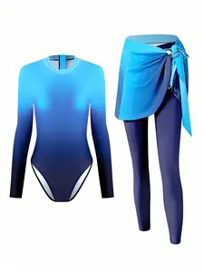 Women's Long Sleeve One-Piece Swimsuit, Round Neck Surfing Water Sports Swimwear, Rash Guard Swimsuits, Slimming Fit Spa Swimming Suit