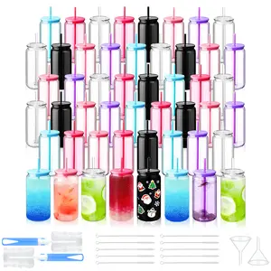 HILAKE 50pcs Mason jar–style 16 oz reusable travel cups with leakproof lids and straws—colorful water bottles suitable for iced coffee, smoothies, juice, and various beverages; perfect for the gym, running,  the beach, pool parties, barbecue tumbler kid