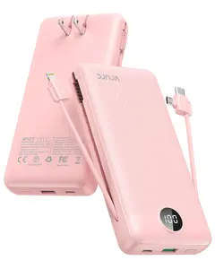 VRURC 20000mAh Portable Power Bank 22.5W Fast Charging with 4 Outputs & 2 Inputs Foldable AC Wall Plug Cables LED Display Travel Essential Battery Pack for Phones Samsung Tablets Earbuds Pink Micro USB Type-C