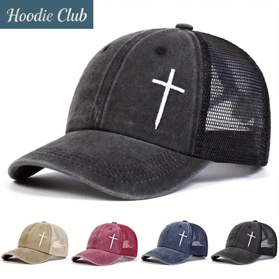 Unisex Trucker Baseball Cap - Casual Fashion, Cross Embroidered, Navy Blue/Wine Red, Foldable, Breathable Cotton Mesh Back, 56-60cm Adjustable Size, All-Seasons Sports & Outdoor Accessory for Outdoor Wear