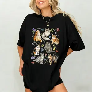 Women's Cottagecore Kitten T-Shirt with Comfort Color, Vintage Floral Design for Cat Lovers