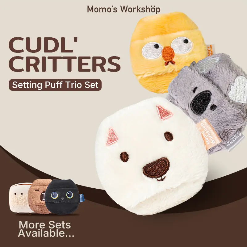 Momo's Workshop Cudl' Critters Plush Go Puff, Oil Control & DetailTouch-ups, Loose powder, Setting powder, Baking & Blending Loose Powder, Soft Stuffed Animal, Travel Friendly, Storage Case