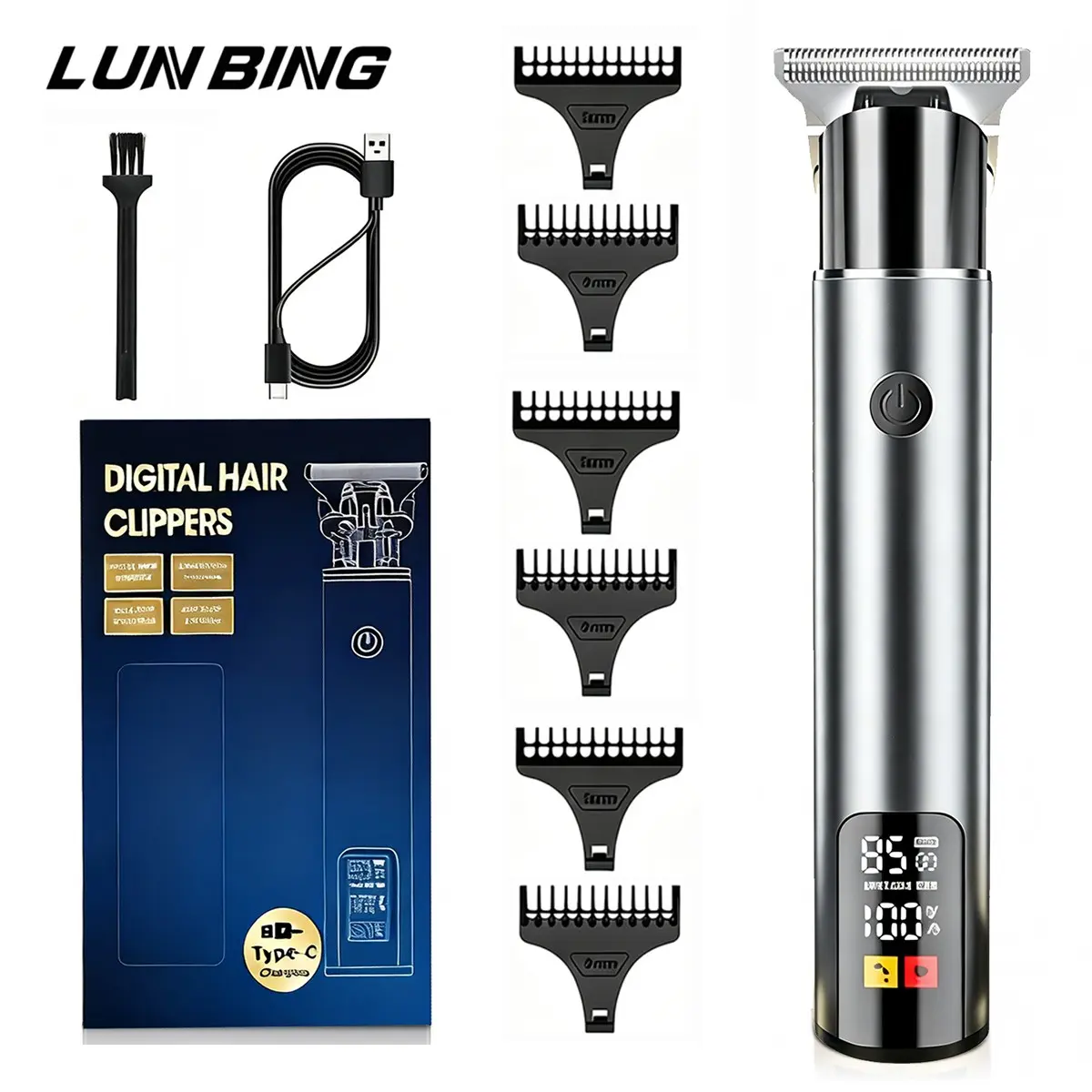 Lun Bing T9 Men's Retro Hair Clipper, Digital Beard Trimmers, Wireless Professional Trimmer, Zero Gaps Beard Trimmer, Rechargeable, Wireless Hair Cutter, Ideal for Bald Heads & Hairline Detailing