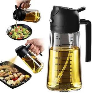 TrendPlain 16oz/470ml Glass Olive Oil Sprayer for Cooking – 2 in 1 Olive Oil Dispenser Bottle for Kitchen Gadgets and Air Fryer Accessories, Salad, BBQ - Black
