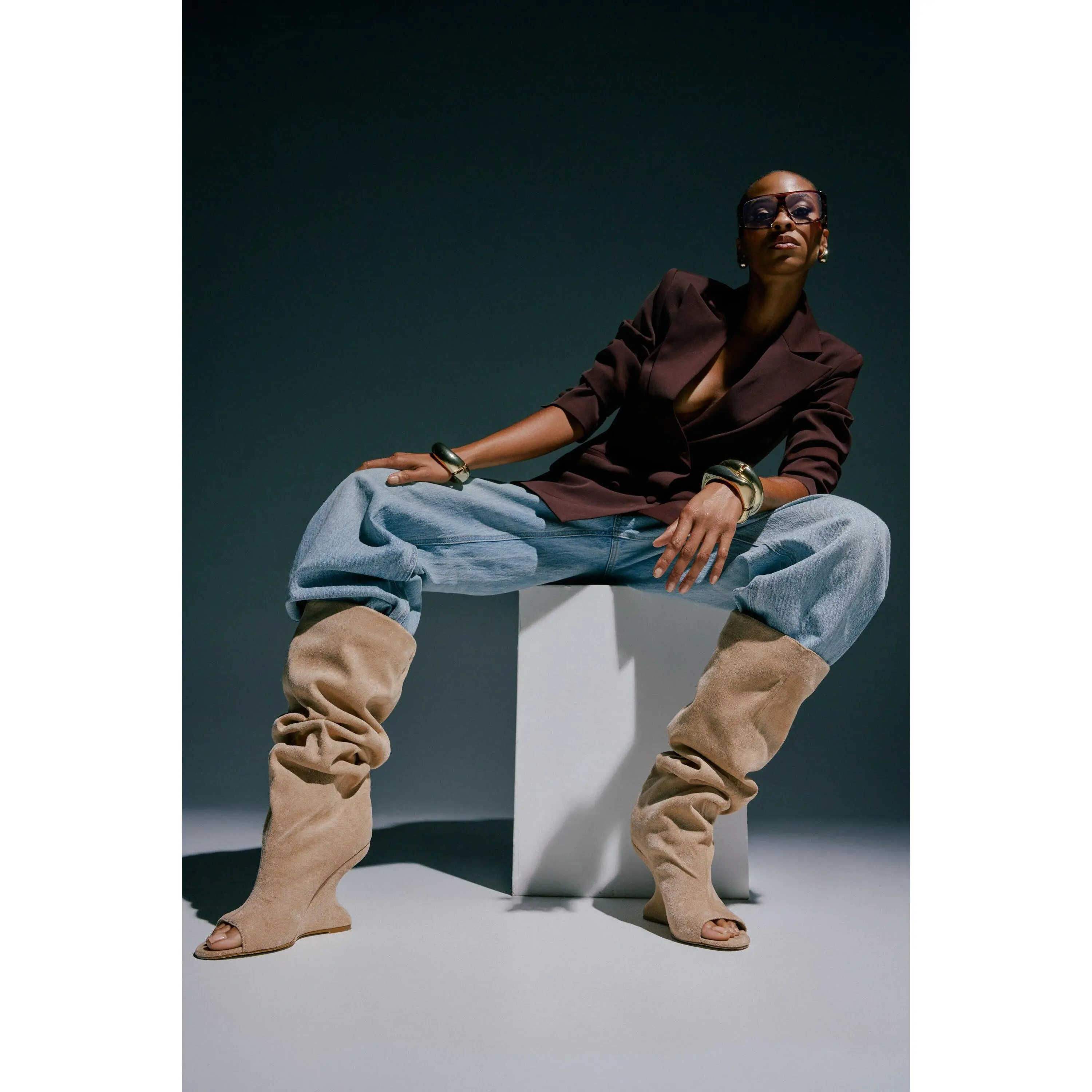 AZALEA WANG VINCENT NUDE FAUX SUEDE OPEN TOE BOOT