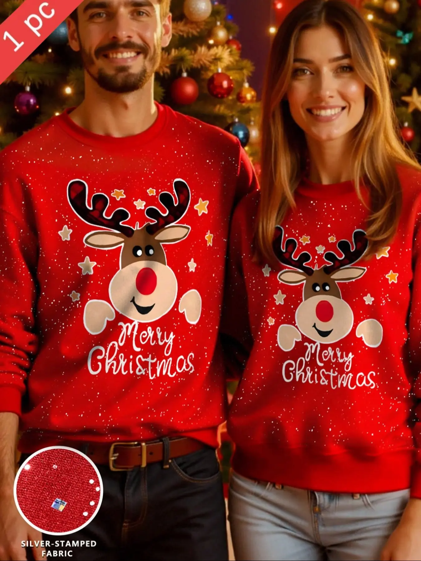 Men's Christmas Fleece Round Neck Pullover, Fashion Silver Color Sequins, Fall & Winter Casual Long Sleeve Top, Vintage, Christmas couple outfit