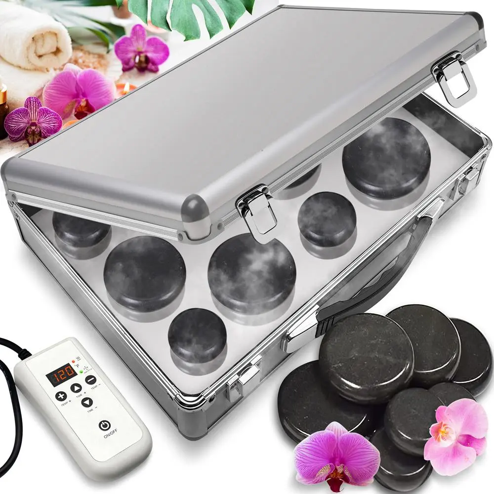 Basalt Hot Stone Massage Kit with Waterless Heating, 12 Round Stones for Neck Pain Relief in Portable Aluminum Storage Case with Digital Controller, Adjustable