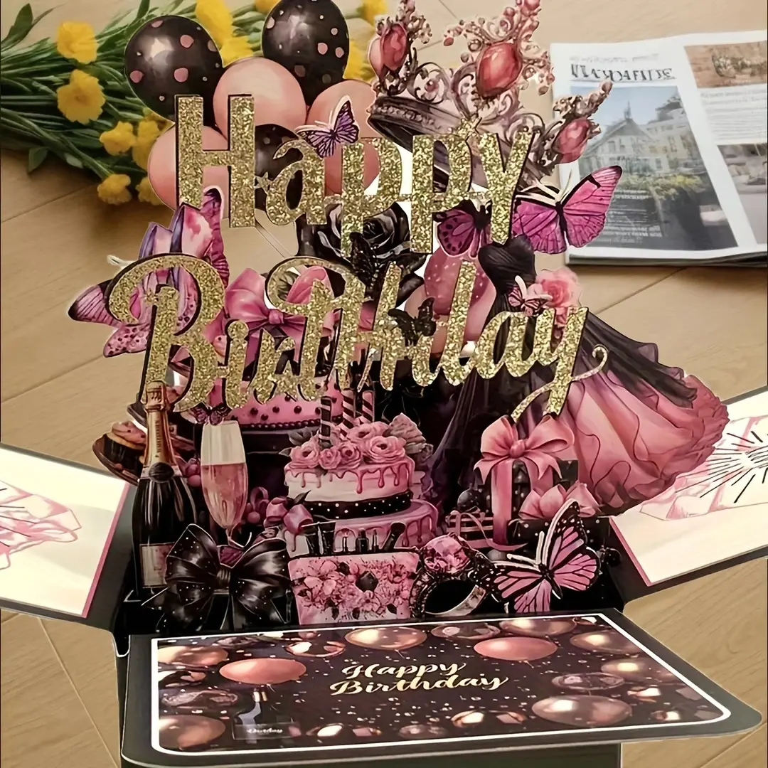 Elegant 3D Birthday Greeting Card Set, Happy Birthday Card with Custom Message Card, Custom Art Card, Design, Shiny Balloons and Cake Theme, Perfect Birthday Decoration Gift