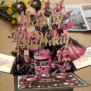 Elegant 3D Birthday Greeting Card Set with Custom Message Card, Custom Art Card, Design, Shiny Balloons and Cake Theme, Perfect Birthday Decoration Gift