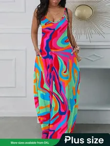 Plus Size All Over Print Pocket Cami Dress, Fashion Spaghetti Strap Long Dress, Women's Plus Summer Clothing for Daily Outdoor Wear, Summer Outfits 2024, Casual Cami Dress, Casual Chic Dress