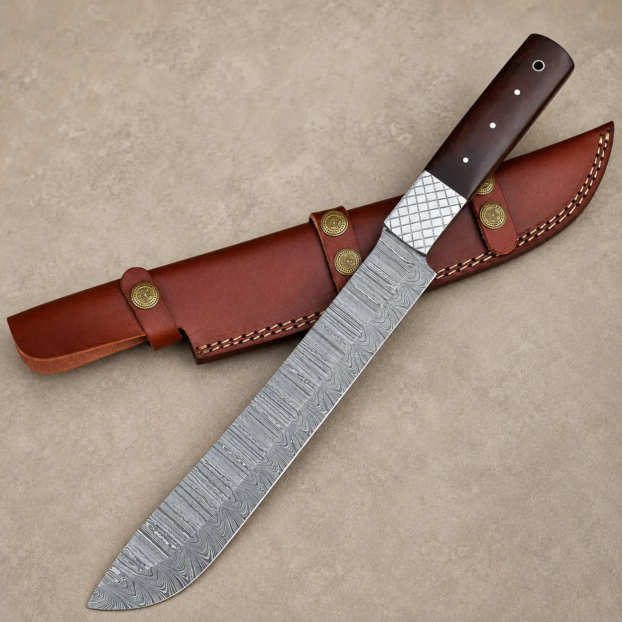 Smokehouse Damascus Brisket Knife – 15-Inch Hand Forged Chef Knife with Wood Handle & Leather Sheath