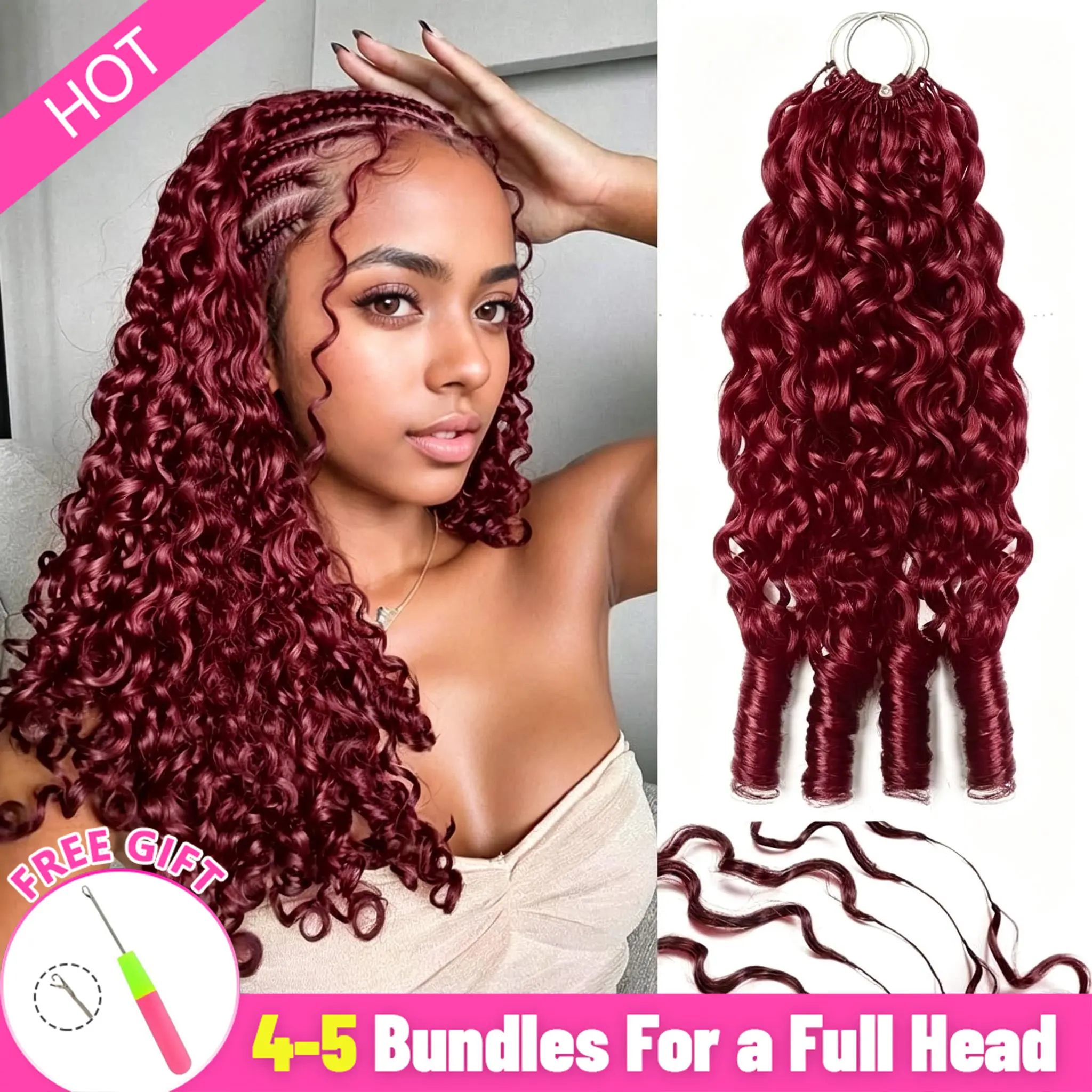 Bling Hair 99J Burmese Curly Knotless Pre-Separated Crochet Hair Extensions For Braids Feather Line 100% Human Hair,50g/Pack 40 strands Burgundy Color Kinky Curly Miracle Knots For Braiding 14-24inch