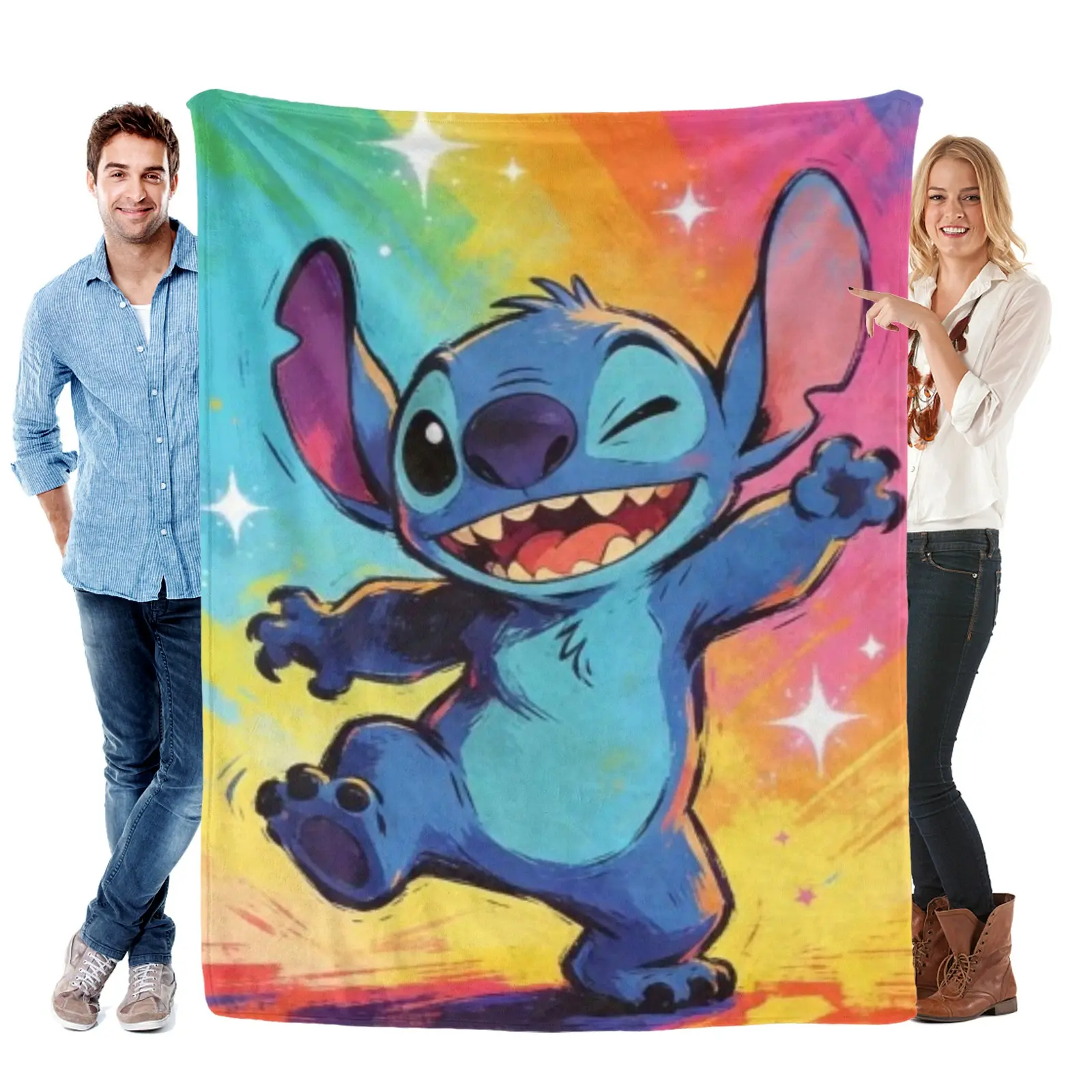 [SummerVibes] Disney Color Splash Winking Dance Stitch Blanket - Wrinkle Resistant Plush Fabric, Street Cartoon Decor For Teen Girl Dorm Complete Bedroom Bedding