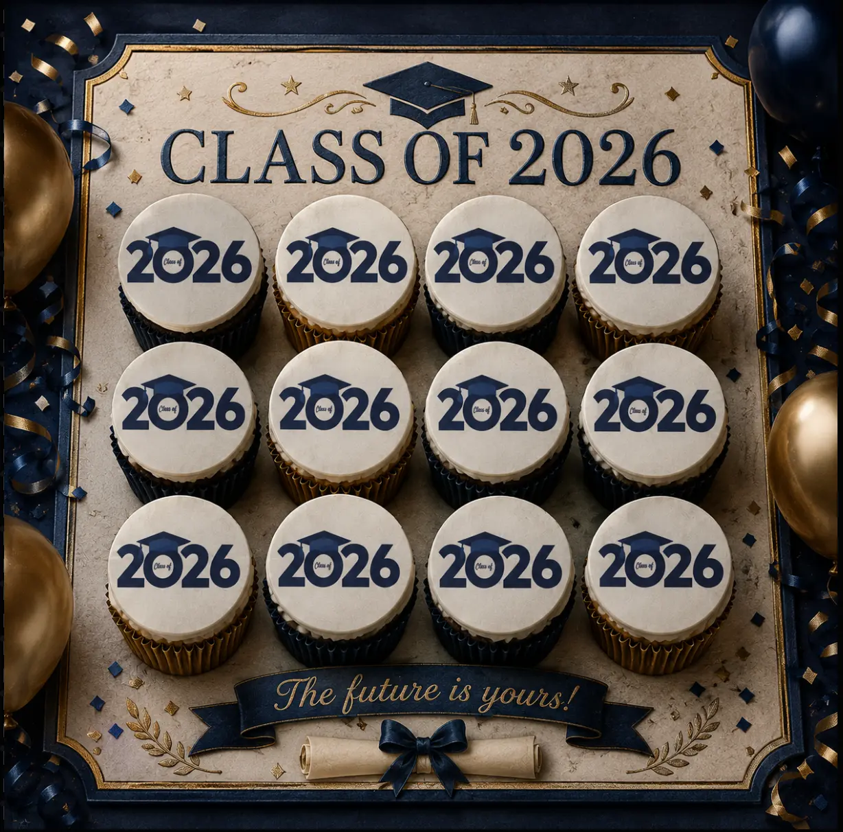 12-Piece 2026 Graduation Pre-Cut Edible Classic Wafer Paper Image Rounds - Transparent Border Cookie Topper, Chocolate-Compatible Cake Decoration (Size-Selectable)