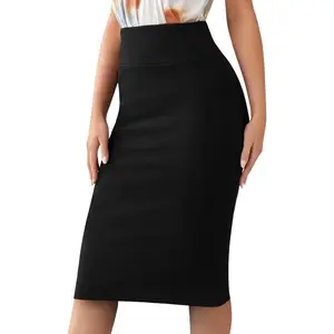Women’s Basic Stretch Pencil Skirt- Regular & Plus Size- Below Knee Office Midi Bodycon Nylon Skirt Made in USAGift