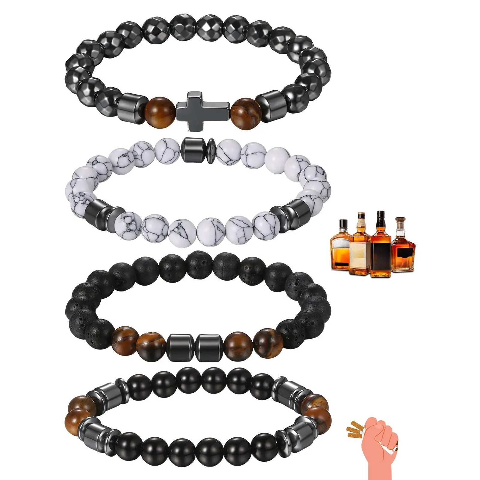 OIDEA 4-Piece Stackable Beaded Jewelry, Gemstones Assortment with Tiger Eye & Lava Stone on Elastic Bands, 6.30" Inner Circumference, Encouraging Birthday Gift, Anxiety Relief, Daily, Stone Mix, Anti-Alcohol, Bracelet, High-Quality Stretch Cord, Sobriety,