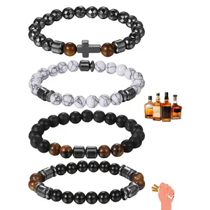 Anti Alcohol Bracelet Set of 4 Natural Tiger Eye Lava Stone Adjustable Anxiety Relief Sobriety Support Wristband for Men and Women