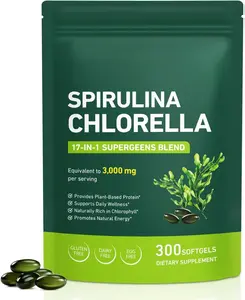 Spirulina Chlorella Softgels | Super Greens Blend with Barley Grass, Kale & Chlorophyll | Equivalent to 3,000 mg per Serving | Plant-Based Protein for Natural Energy & Daily Wellness | 300 Count