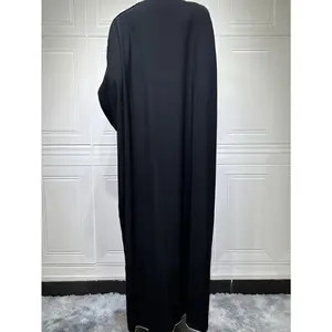 Women'S Plus Size Black Abaya with White Accents - Elegant Long Dress for Muslim Women, Polyester Fabric, Summer Wear, Modest Clothing| Elegant Abaya| Polyester Abaya