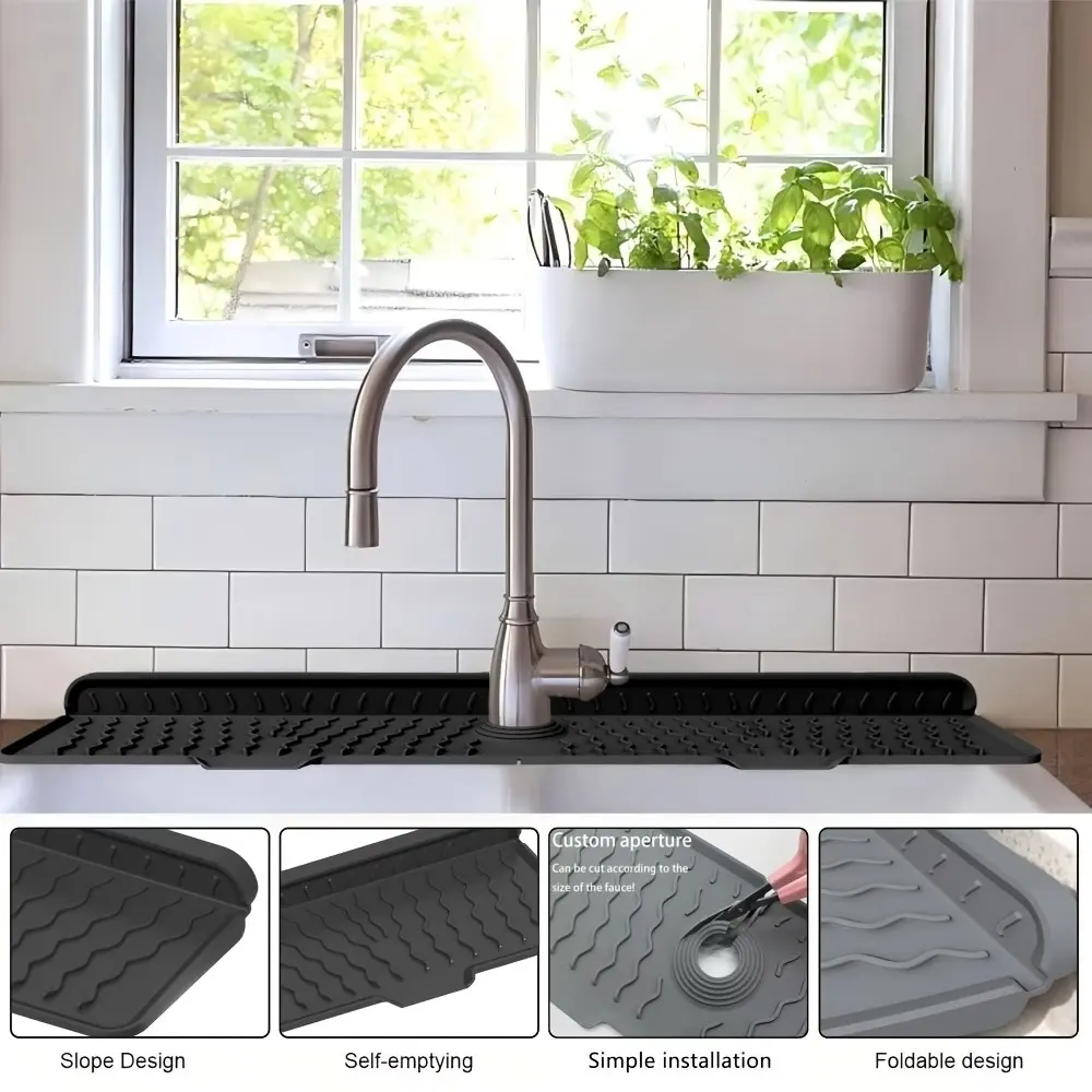 Keep Your Sink Dry! Silicone Drainer Mat for Kitchen & Bath, Splash Guard