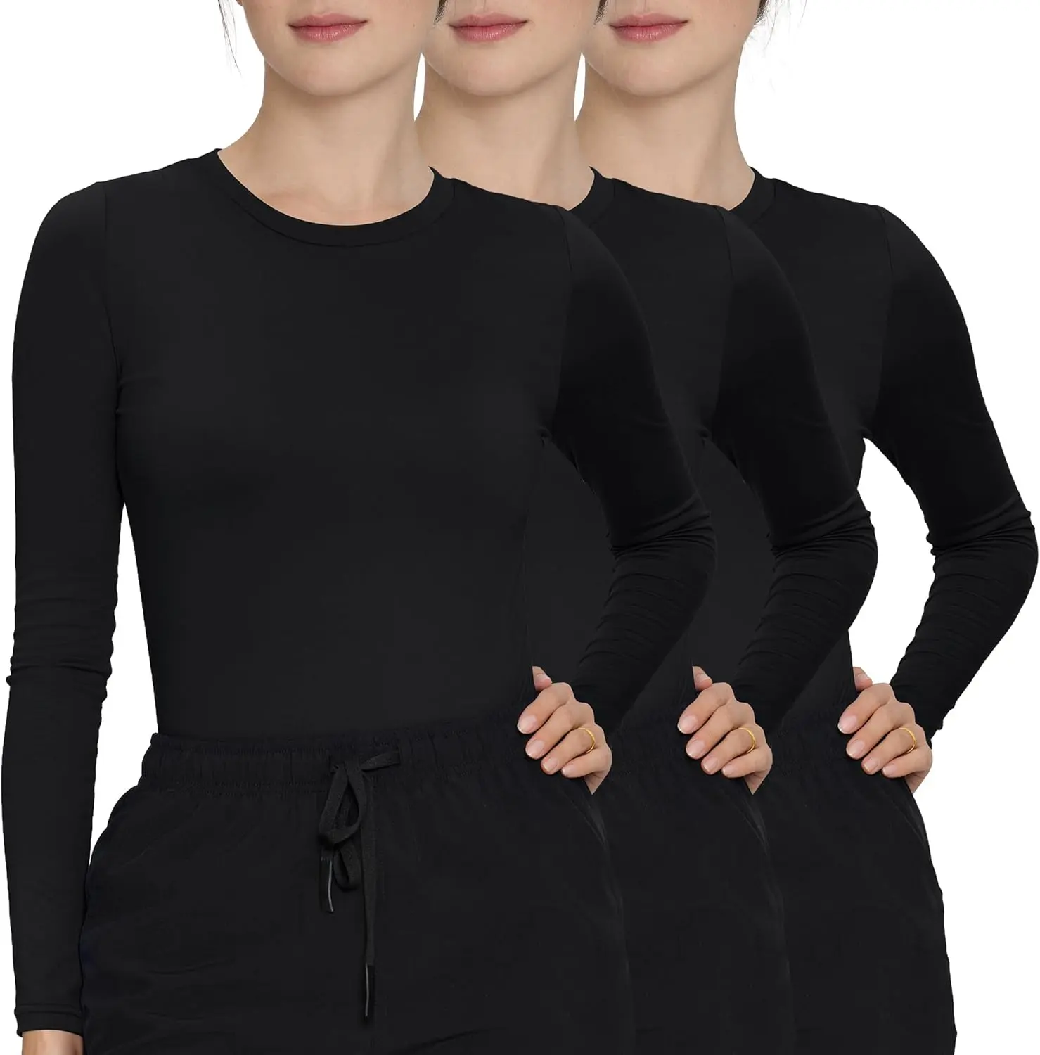 Women's 3-Pack Long Sleeve High Crew Neck Scrub Undershirts - Comfortable Fabric Workwear for Nurses, Ideal Fit for Day Casual Use, Polyester, Breathable