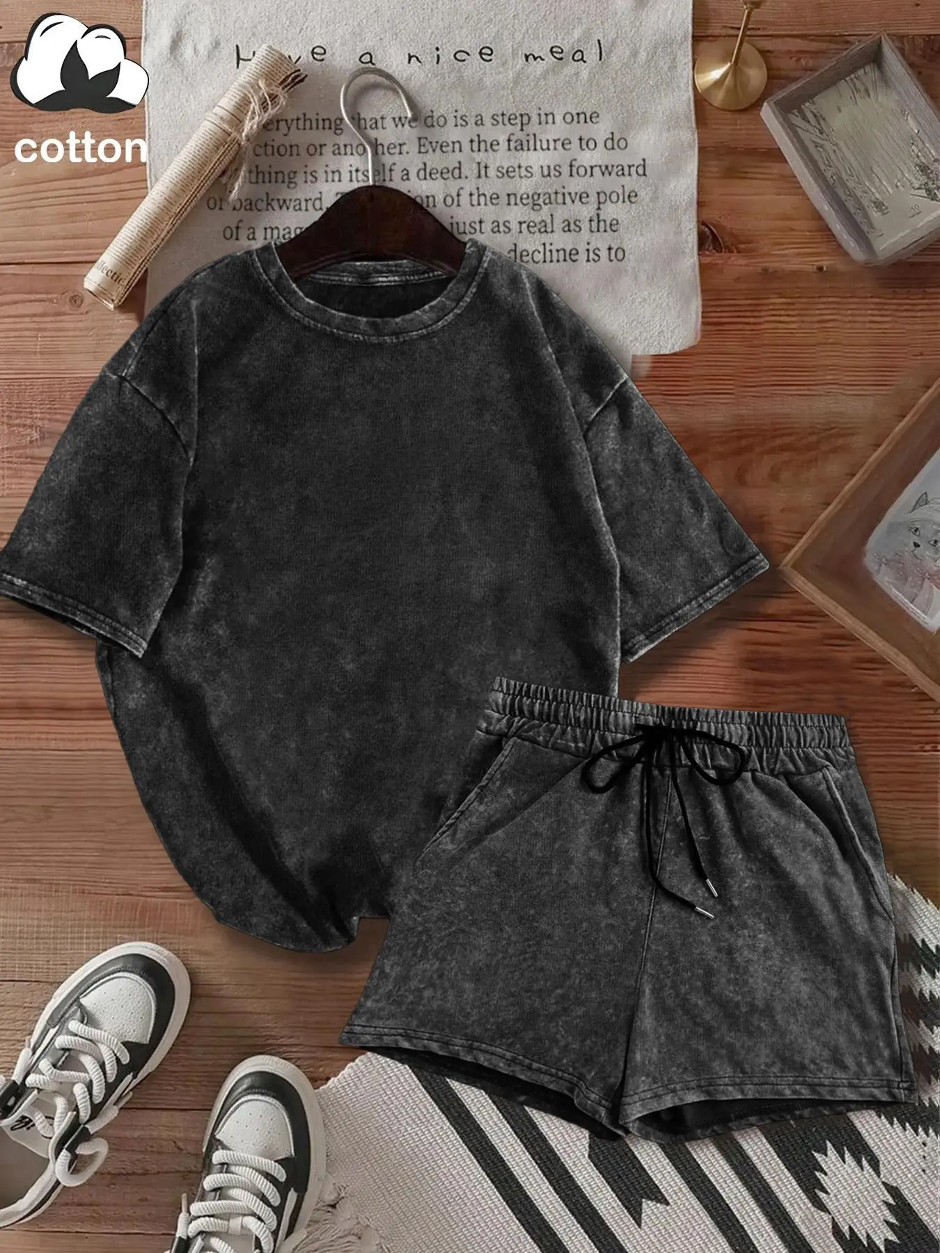 Vintage Wash Cotton Breathable Two-Piece Set - Relaxed Fit Casual Short Sleeve Tee Shirt & Drawstring Shorts Outfit, Black, Clothes