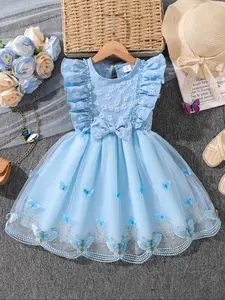 Girl's Butterfly Pattern Bow Decor Dress, Cute Round Neck Dress for Summer, Kids Clothes for Daily Wear, Butterfly Print Dress