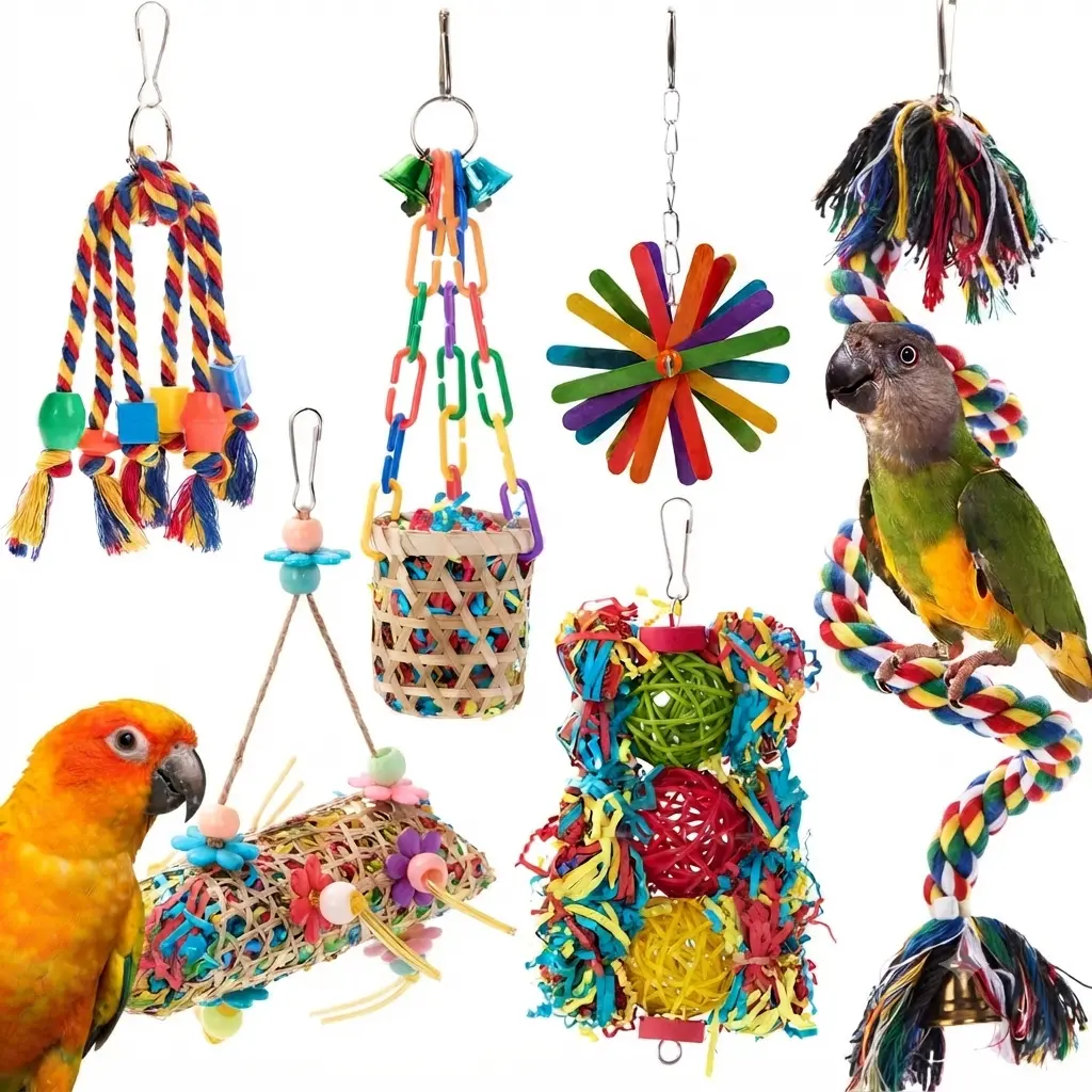 1-in-1 Bird Toy Bundle - Rope Perch, Bell, Foraging, Chewing Shredding Toys, Cage Swing, Climbing Accessories for Parrots, Small Birds (Conure, Cockatiel, Budgie, Lovebird) Enrichment