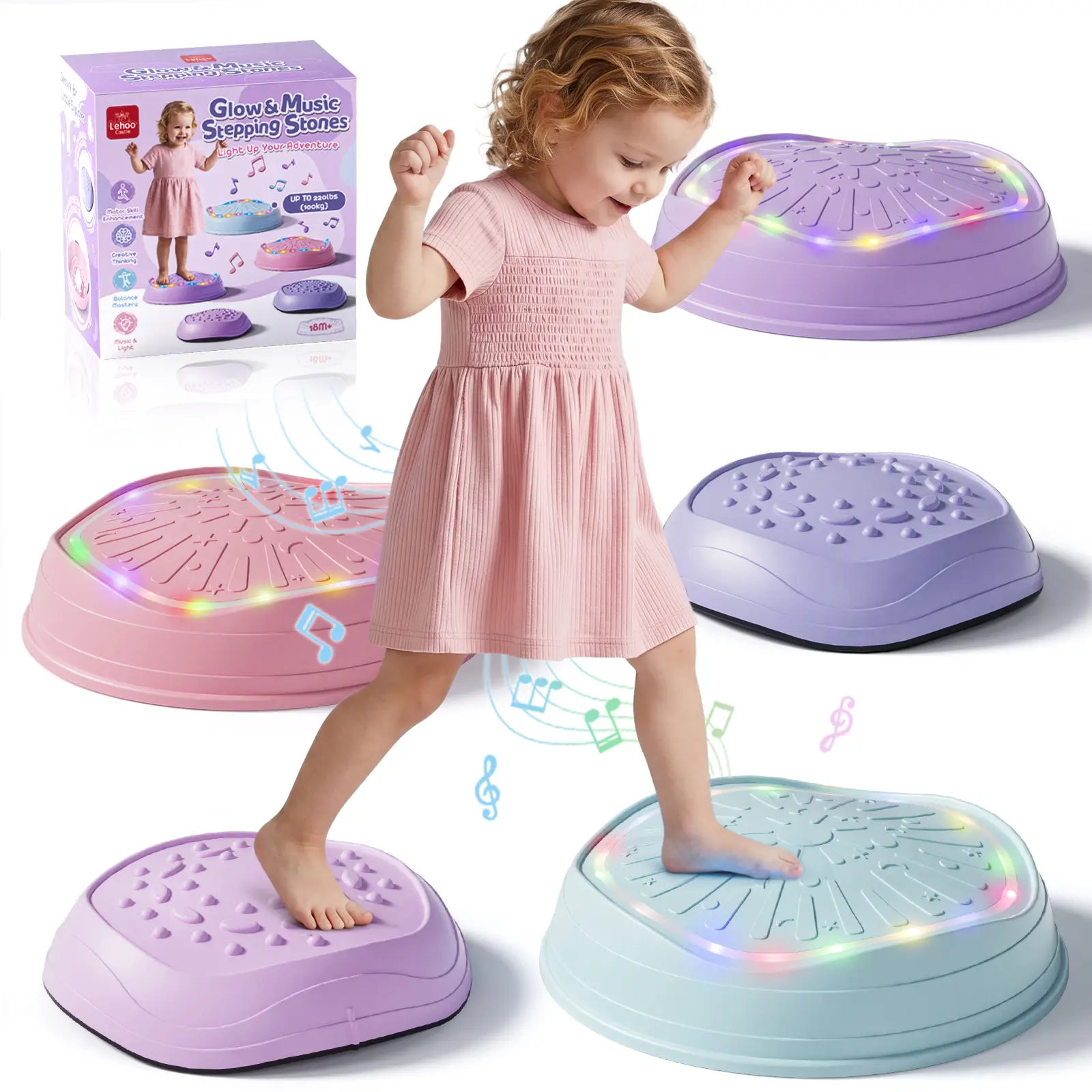 Lehoo Castle Durable Lighted Music-Balance Non-Slip Stepping Stones, Kids' Sensory Sports Toy for Balance & Coordination, Indoor-Outdoor Family Fun Game, Cool Gifts for Kids