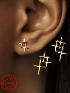 Women's S925 Silver Cross Earrings, Stud Earrings, Irregular Geometric Design, Cold-Weather Style, Creative Ear Jewelry for Daily Wear & Parties